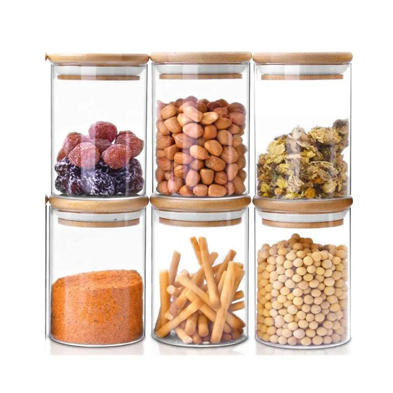Pote Hermetico de Vidro com Tampa de Bambu - Kit 6 Potes