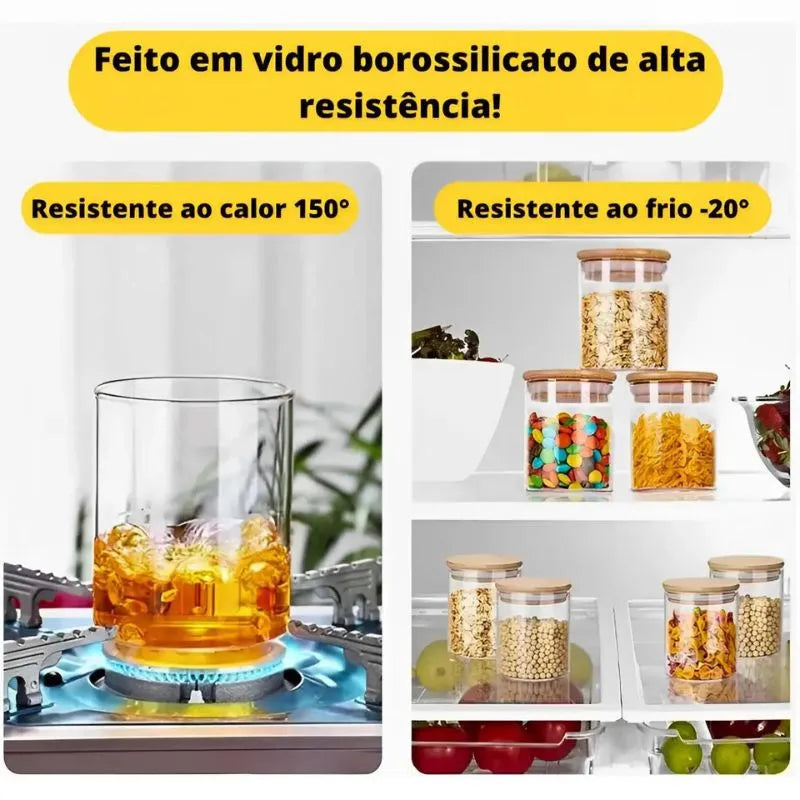 Pote Hermetico de Vidro com Tampa de Bambu - Kit 6 Potes