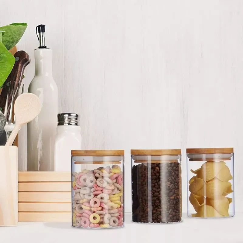 Pote Hermetico de Vidro com Tampa de Bambu - Kit 6 Potes