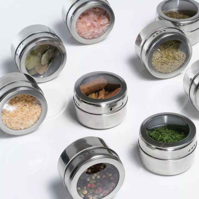 Porta Temperos e Condimentos em Inox - 12 Potes Magnéticos