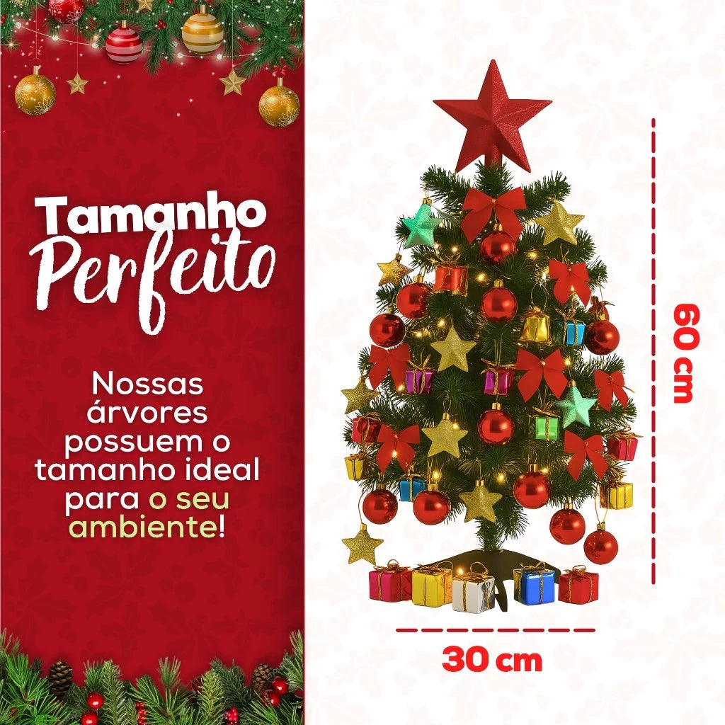 Árvore de Natal Decorada Pequena com Pisca Pisca e 60 Enfeites