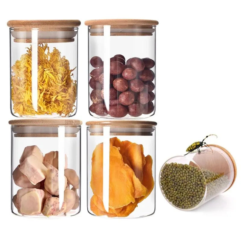 Pote Hermetico de Vidro com Tampa de Bambu - Kit 6 Potes