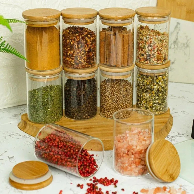 Pote Hermetico de Vidro com Tampa de Bambu - Kit 6 Potes