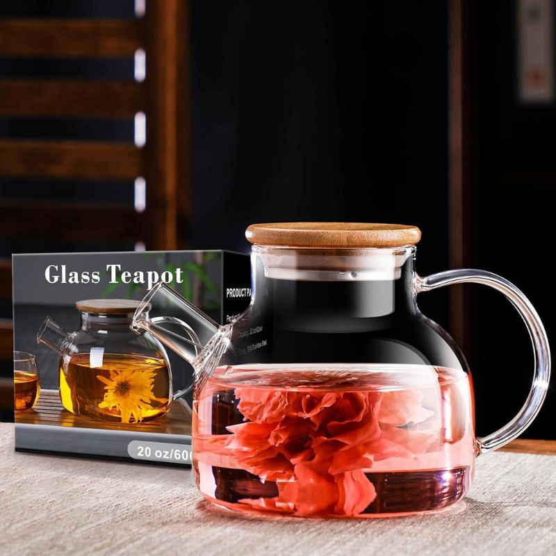 Chaleira de Vidro com Coador e Tampa de Bambu Premium
