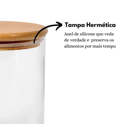 Pote Hermetico de Vidro com Tampa de Bambu - Kit 6 Potes
