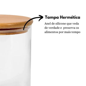 Pote Hermetico de Vidro com Tampa de Bambu - Kit 6 Potes