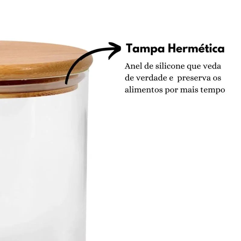Pote Hermetico de Vidro com Tampa de Bambu - Kit 6 Potes
