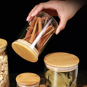 Pote Hermetico de Vidro com Tampa de Bambu - Kit 6 Potes