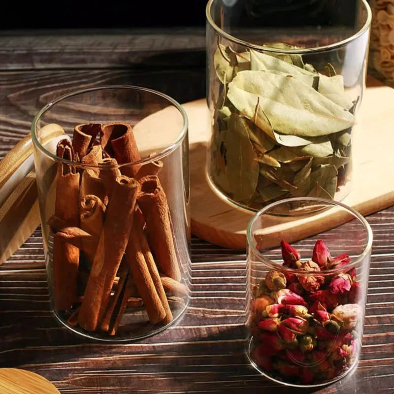 Pote Hermetico de Vidro com Tampa de Bambu - Kit 6 Potes