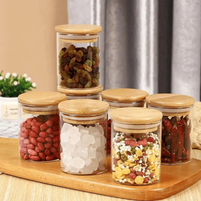 Pote Hermetico de Vidro com Tampa de Bambu - Kit 6 Potes
