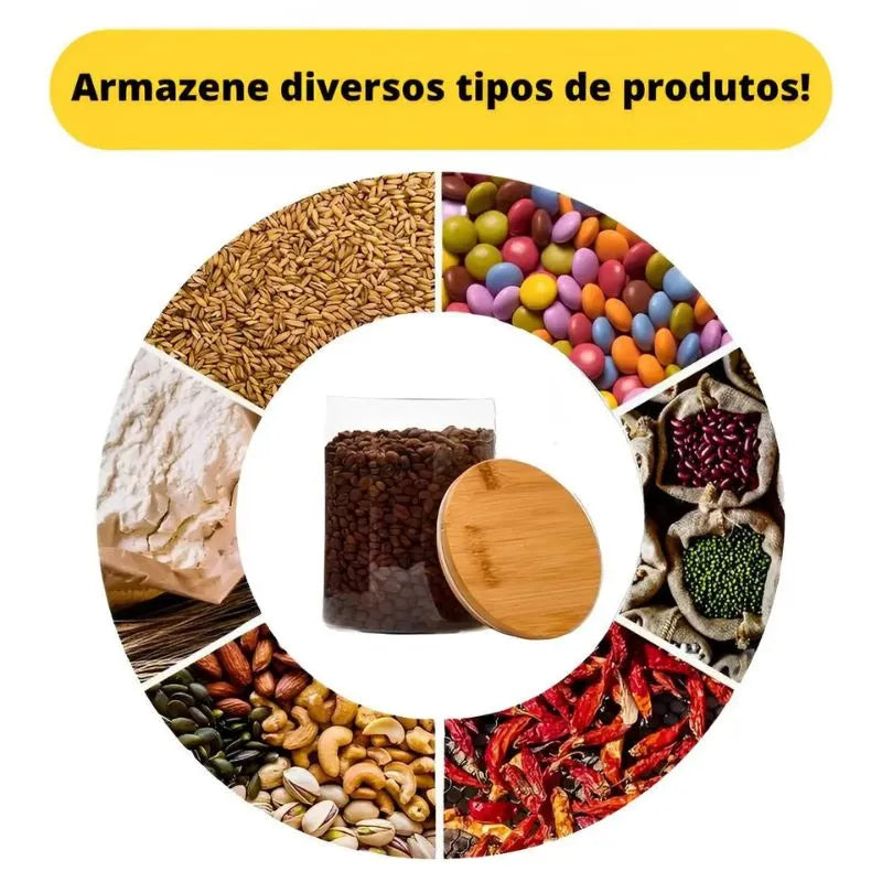 Pote Hermetico de Vidro com Tampa de Bambu - Kit 6 Potes