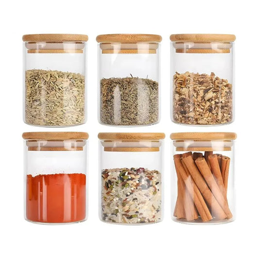 Pote Hermetico de Vidro com Tampa de Bambu - Kit 6 Potes