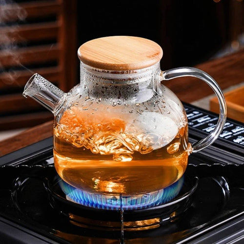 Chaleira de Vidro com Coador e Tampa de Bambu Premium