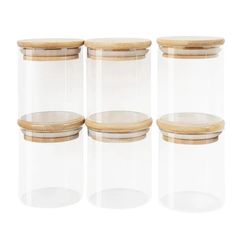 Pote Hermetico de Vidro com Tampa de Bambu - Kit 6 Potes