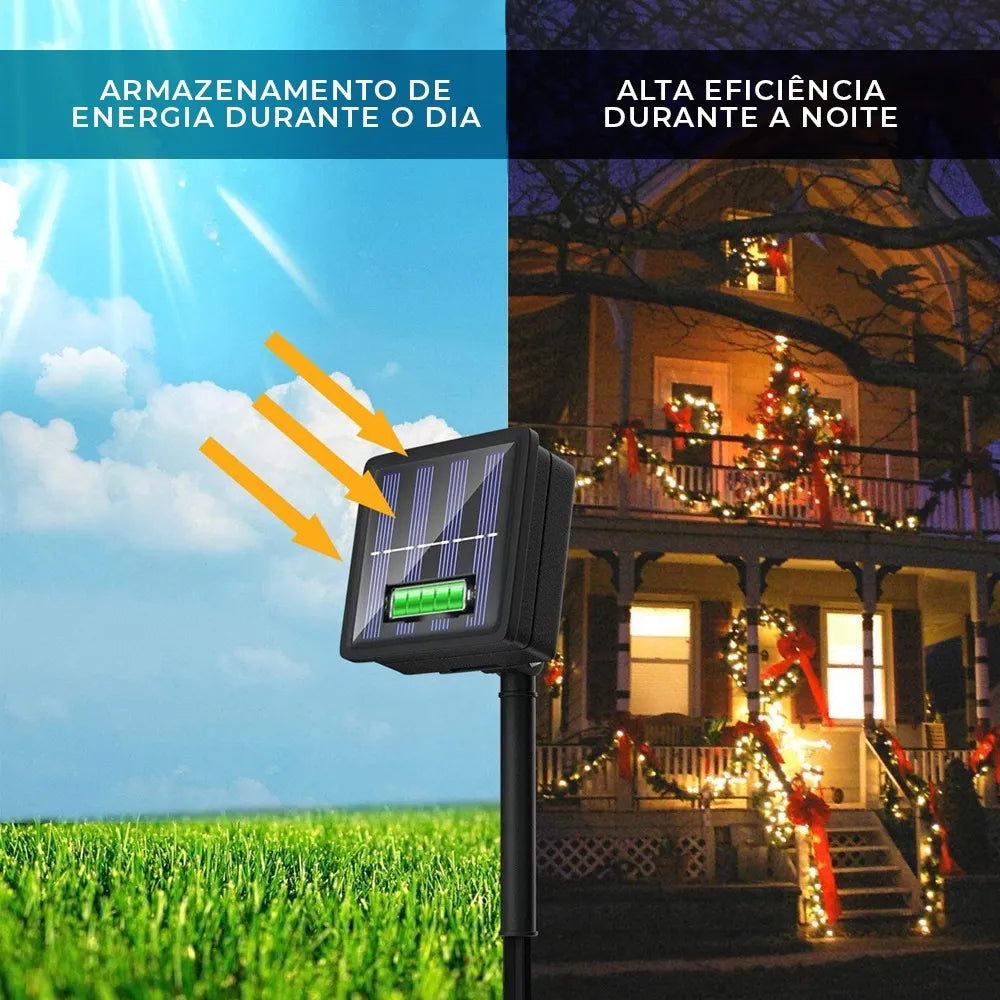 Cordão de Luzes em Energia Solar - Pisca Pisca com 8 Funções