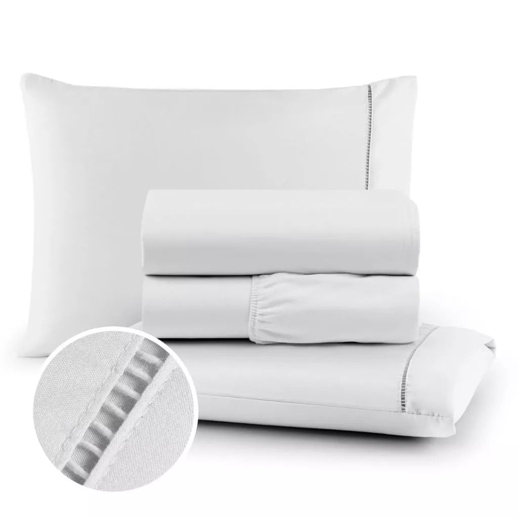 Jogo de Lençol Branco para Cama 400 Fios com Elástico e Ponto Palito