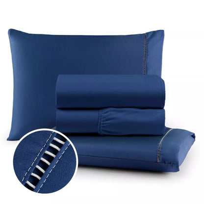 Jogo de Lençol Azul para Cama 400 Fios Micropercal com Elástico e Ponto Palito