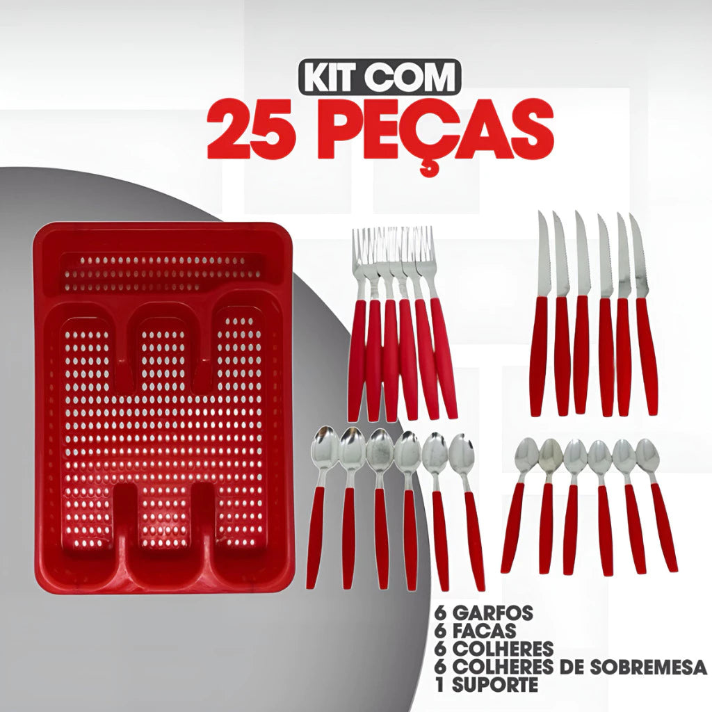 Jogo de Talheres Completo com Suporte Organizador - 25 Peças