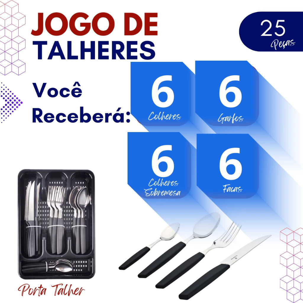 Jogo de Talheres Completo com Suporte Organizador - 25 Peças