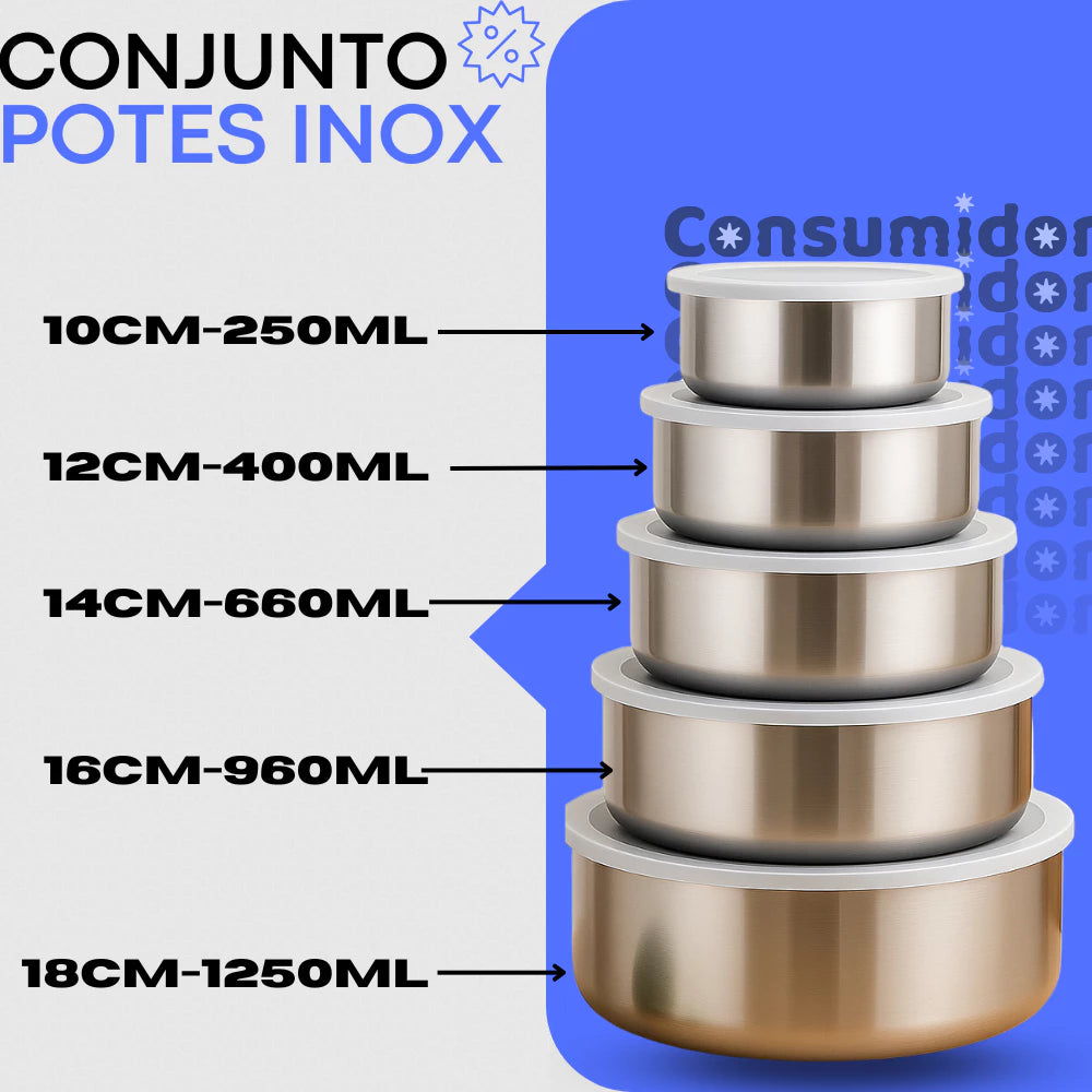 Pote de Aço Inox com Tampa - Kit 10 Tigelas