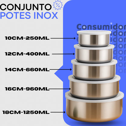 Pote de Aço Inox com Tampa - Kit 10 Tigelas