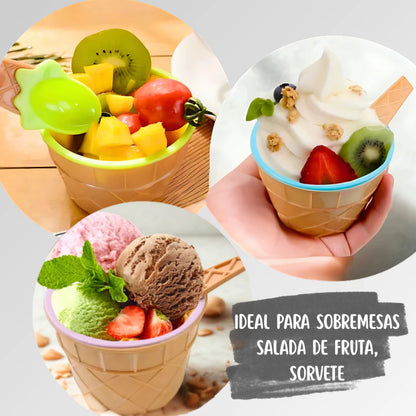 Pote de Sorvete com Colher para Sobremesa - Kit 6 Tigelas