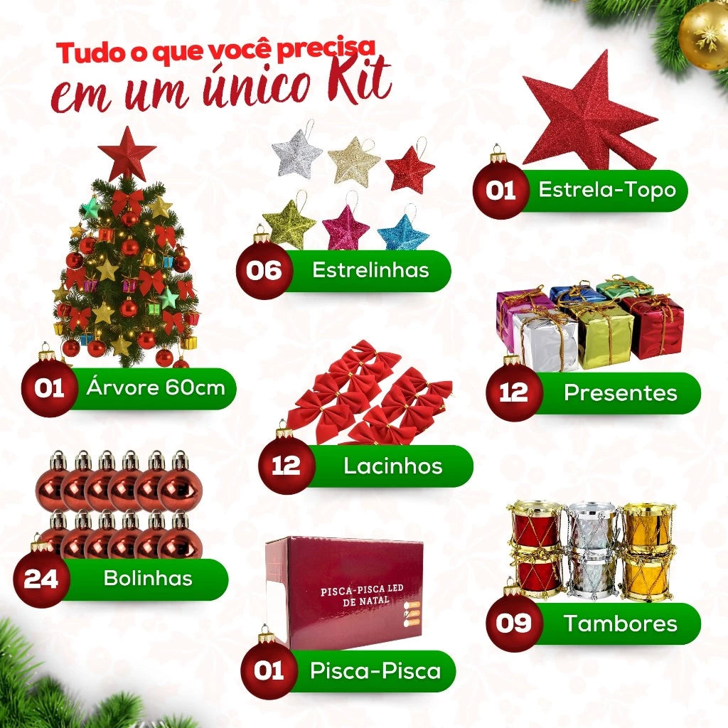 Árvore de Natal Decorada Pequena com Pisca Pisca e 60 Enfeites
