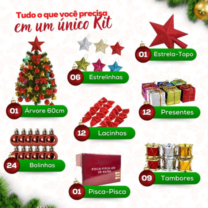 Árvore de Natal Decorada Pequena com Pisca Pisca e 60 Enfeites