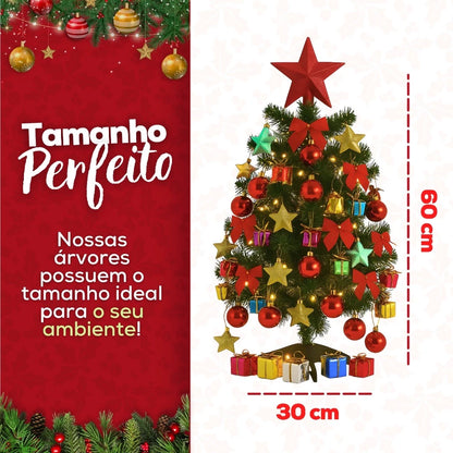 Árvore de Natal Decorada Pequena com Pisca Pisca e 60 Enfeites