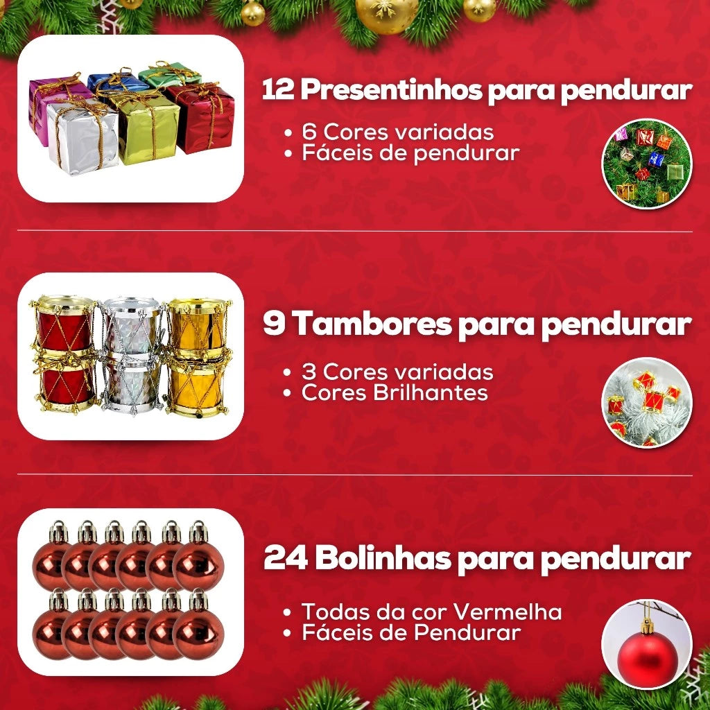 Árvore de Natal Decorada Pequena com Pisca Pisca e 60 Enfeites
