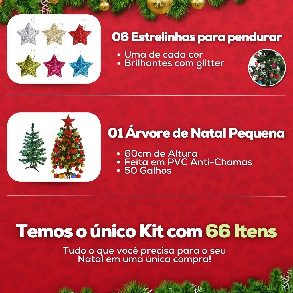 Árvore de Natal Decorada Pequena com Pisca Pisca e 60 Enfeites