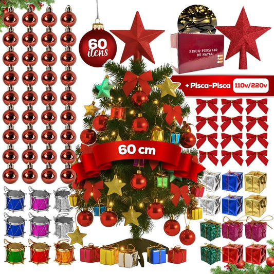 Árvore de Natal Decorada Pequena com Pisca Pisca e 60 Enfeites