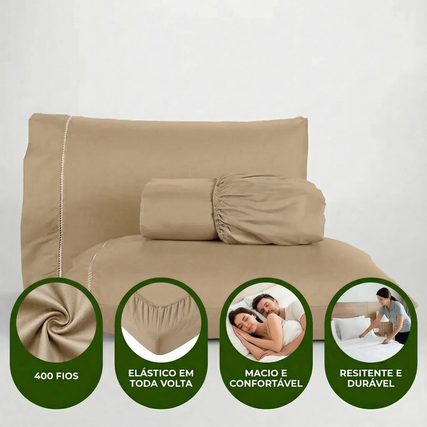 Jogo de Lençol Bege para Cama 400 Fios Micropercal com Elástico
