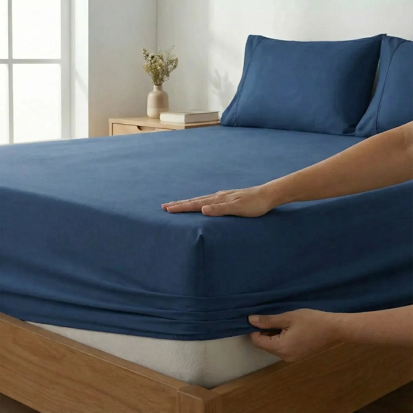 Jogo de Lençol Azul para Cama 400 Fios Micropercal com Elástico e Ponto Palito