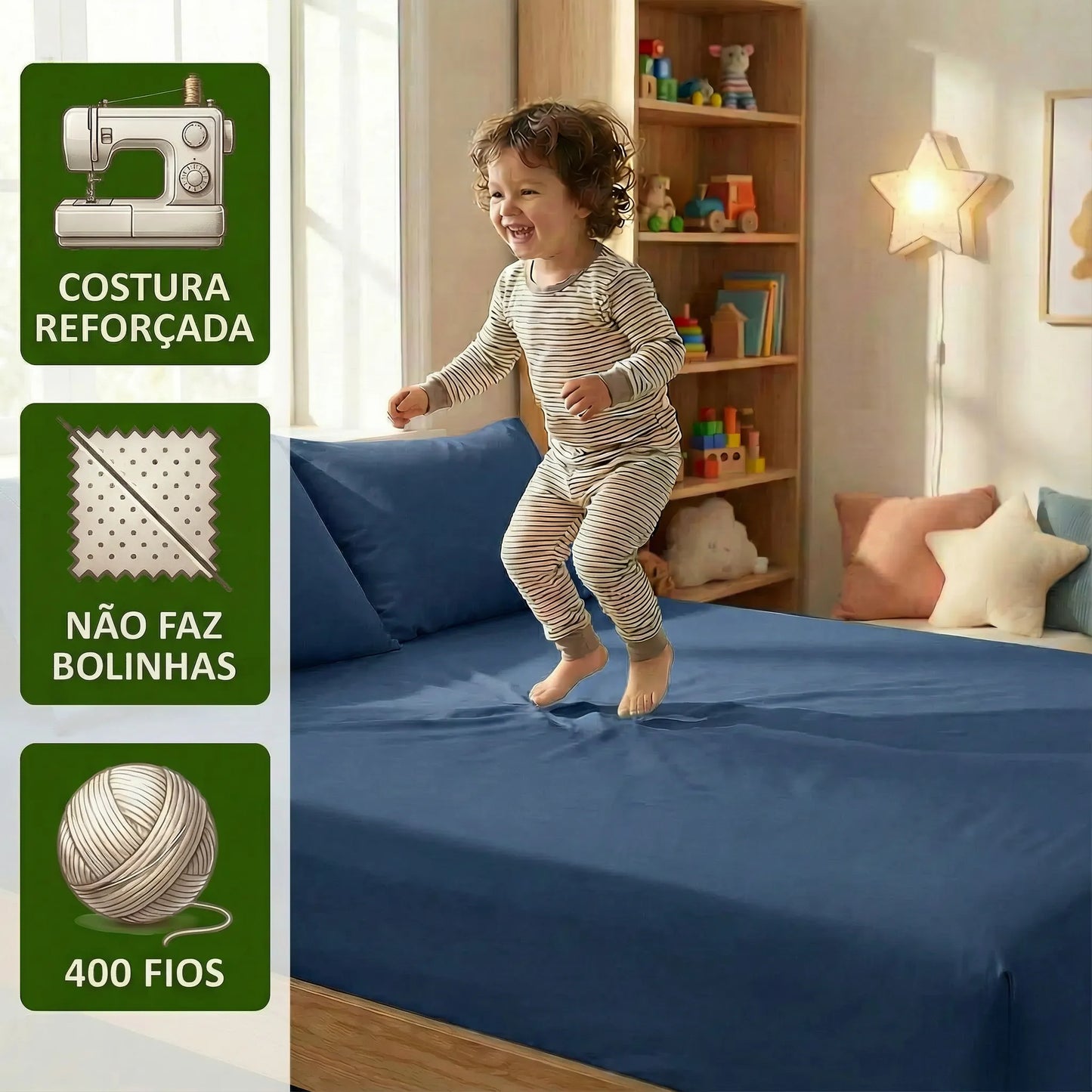 Jogo de Lençol Azul para Cama 400 Fios Micropercal com Elástico e Ponto Palito