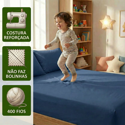 Jogo de Lençol Azul para Cama 400 Fios Micropercal com Elástico e Ponto Palito