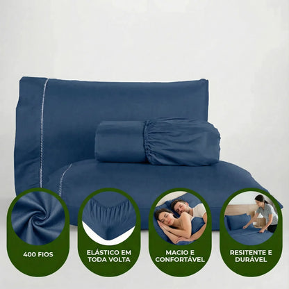 Jogo de Lençol Azul para Cama 400 Fios Micropercal com Elástico e Ponto Palito