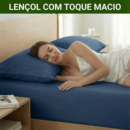 Jogo de Lençol Azul para Cama 400 Fios Micropercal com Elástico e Ponto Palito