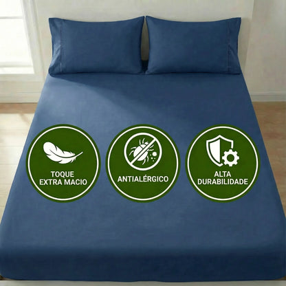 Jogo de Lençol Azul para Cama 400 Fios Micropercal com Elástico e Ponto Palito