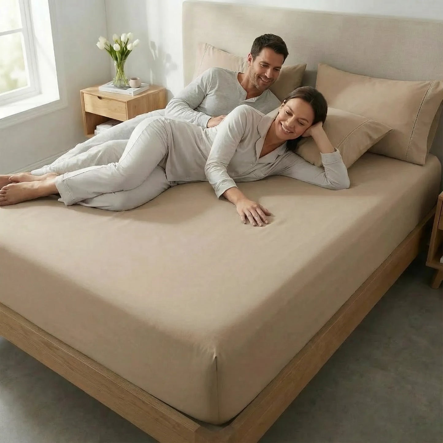 Jogo de Lençol Bege para Cama 400 Fios Micropercal com Elástico