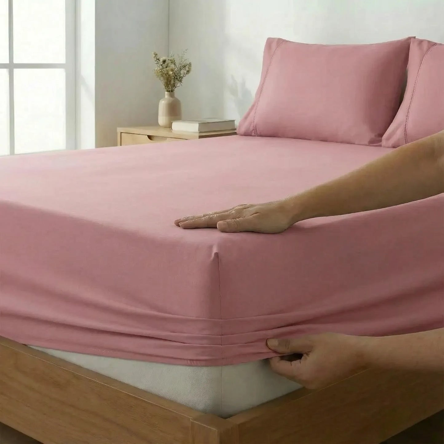 Jogo de Lençol Rosa para Cama 400 Fios Micropercal com Elástico e Ponto Palito