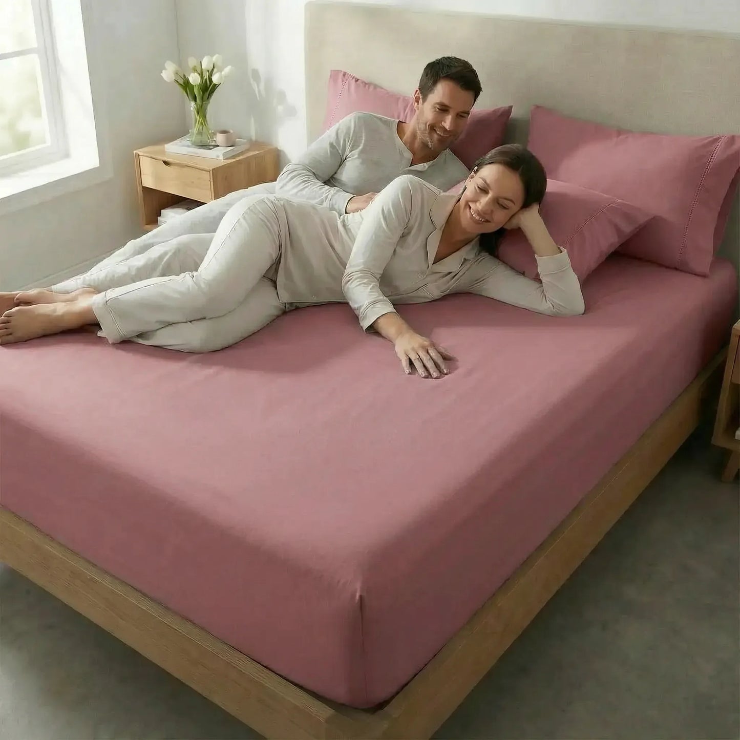 Jogo de Lençol Rosa para Cama 400 Fios Micropercal com Elástico e Ponto Palito