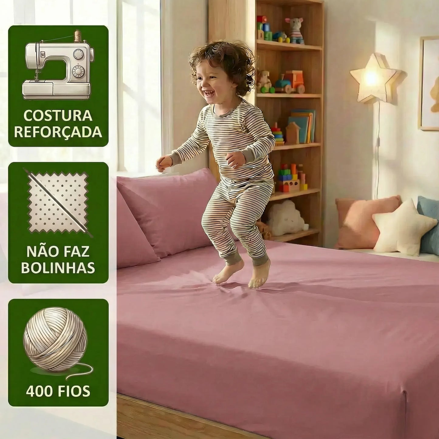 Jogo de Lençol Rosa para Cama 400 Fios Micropercal com Elástico e Ponto Palito