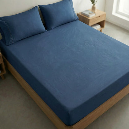 Jogo de Lençol Azul para Cama 400 Fios Micropercal com Elástico e Ponto Palito