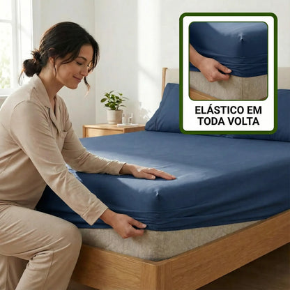 Jogo de Lençol Azul para Cama 400 Fios Micropercal com Elástico e Ponto Palito