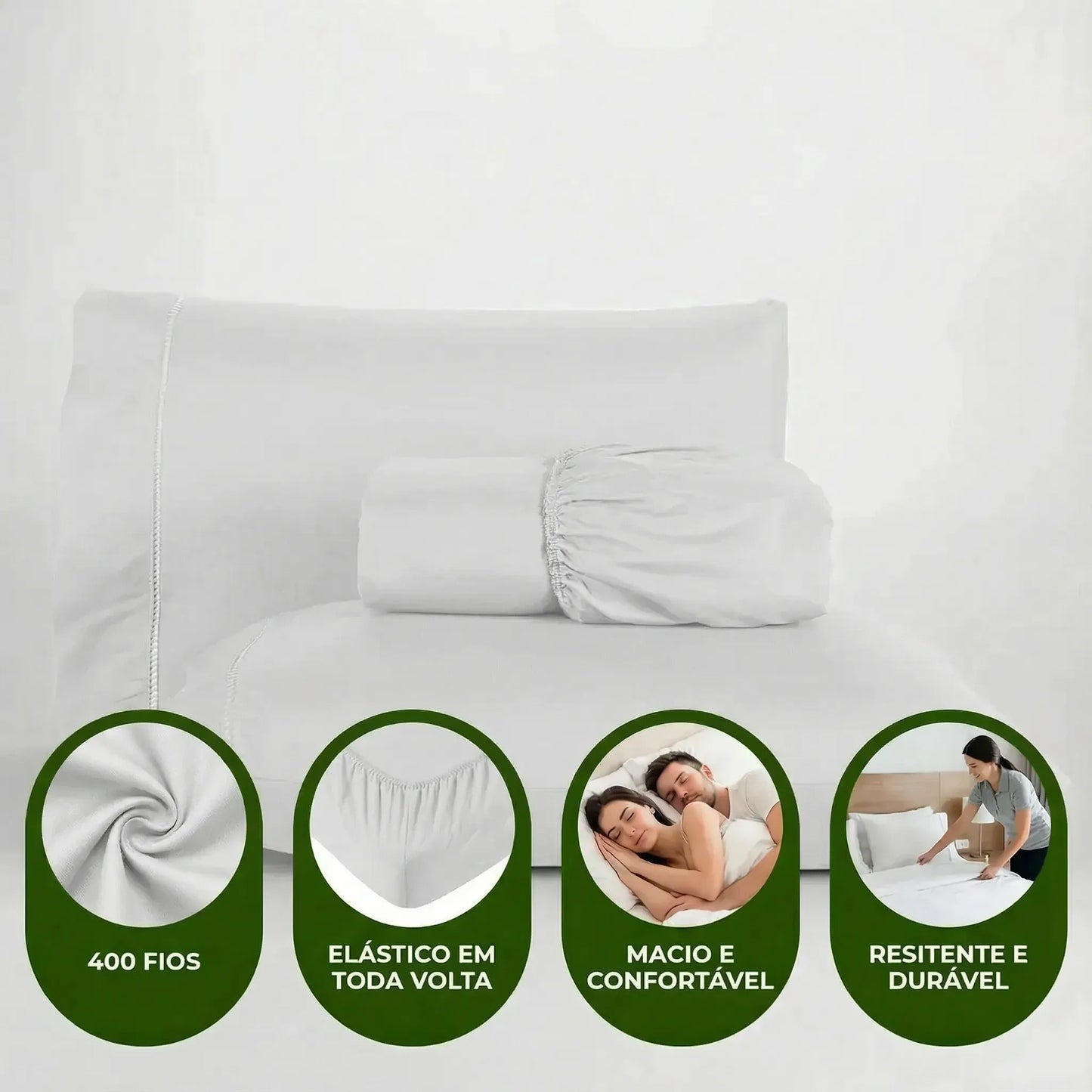 Jogo de Lençol Branco para Cama 400 Fios com Elástico e Ponto Palito