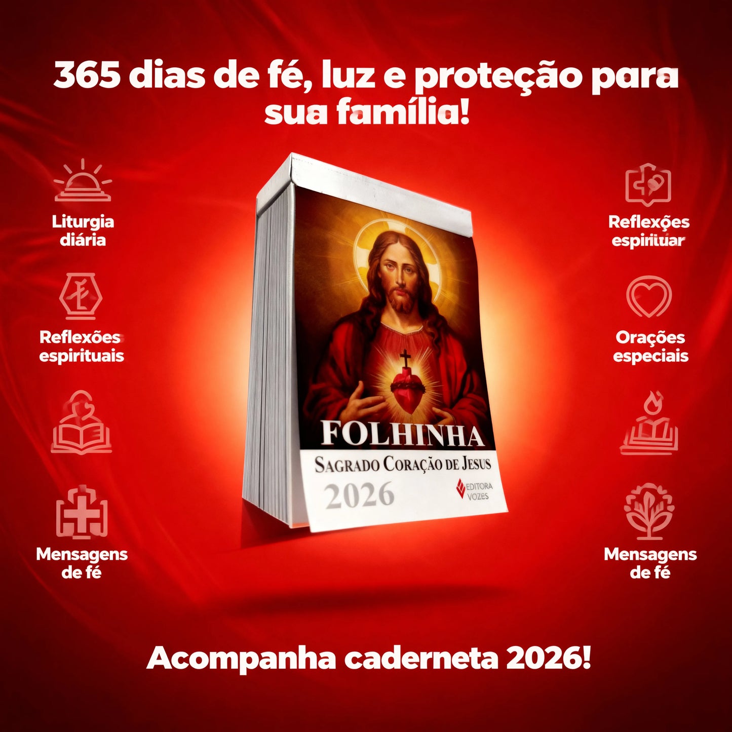 Calendário - Folhinha Sagrado Coração De Jesus 2026 Com Bloco Diário de Oração e Reflexões