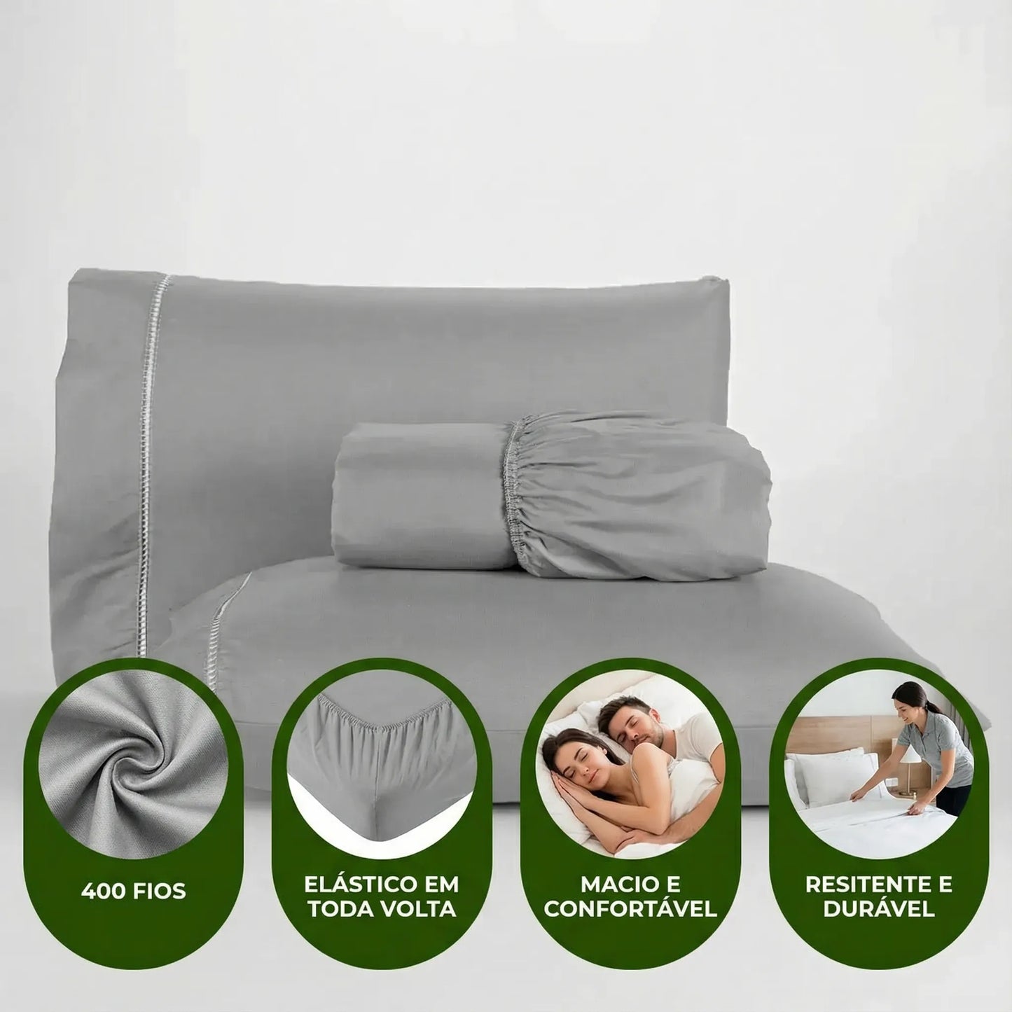 Jogo de Lençol Cinza para Cama 400 Fios com Elástico