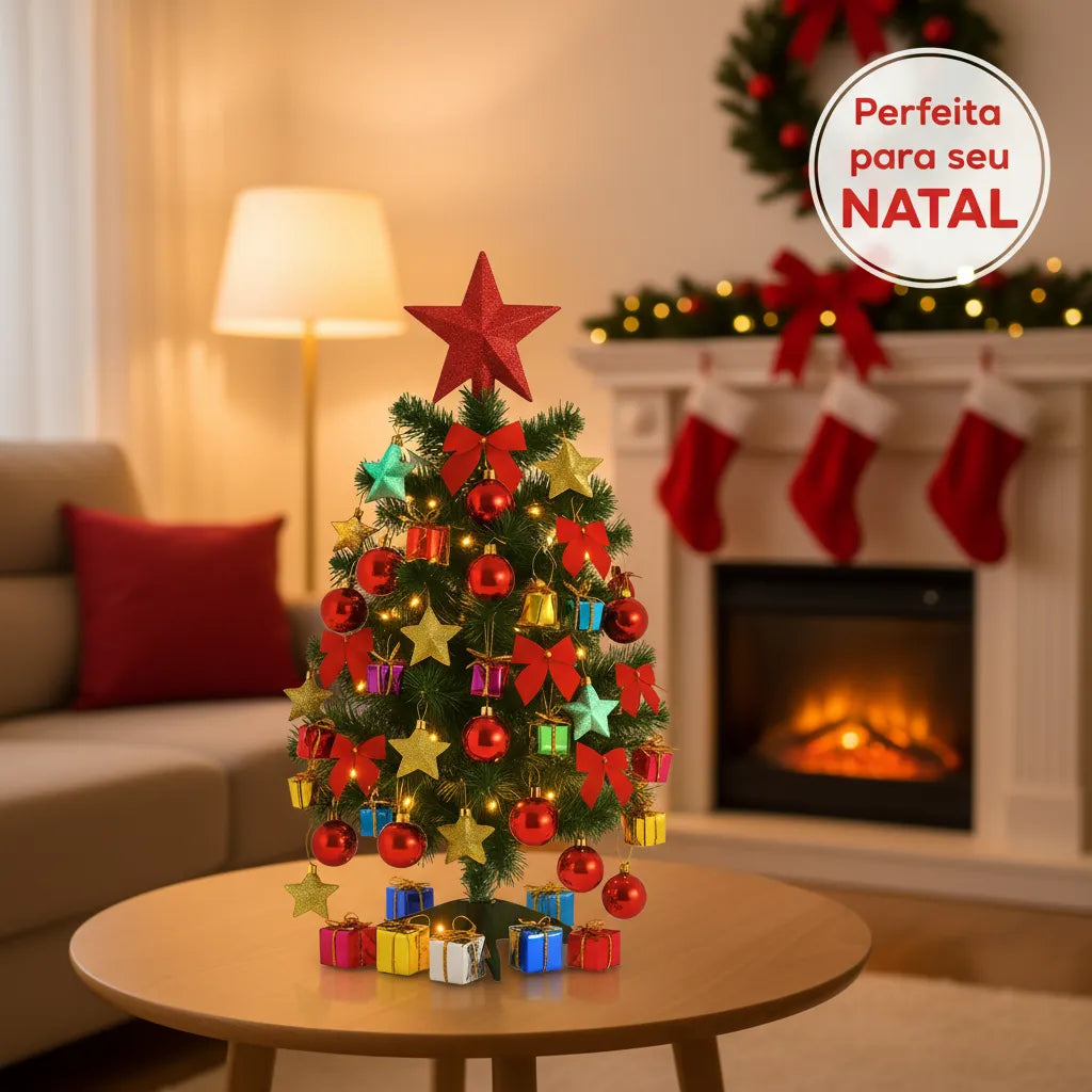 Árvore de Natal Decorada Pequena com Pisca Pisca e 60 Enfeites