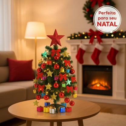 Árvore de Natal Decorada Pequena com Pisca Pisca e 60 Enfeites